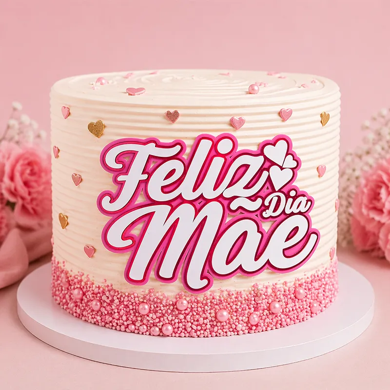 Topo de Bolo Dia das Mães 3D Personalizado Rosa com Corações - Imagem 3