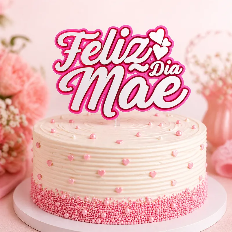 Topo de Bolo Dia das Mães 3D Personalizado Rosa com Corações - Imagem 4