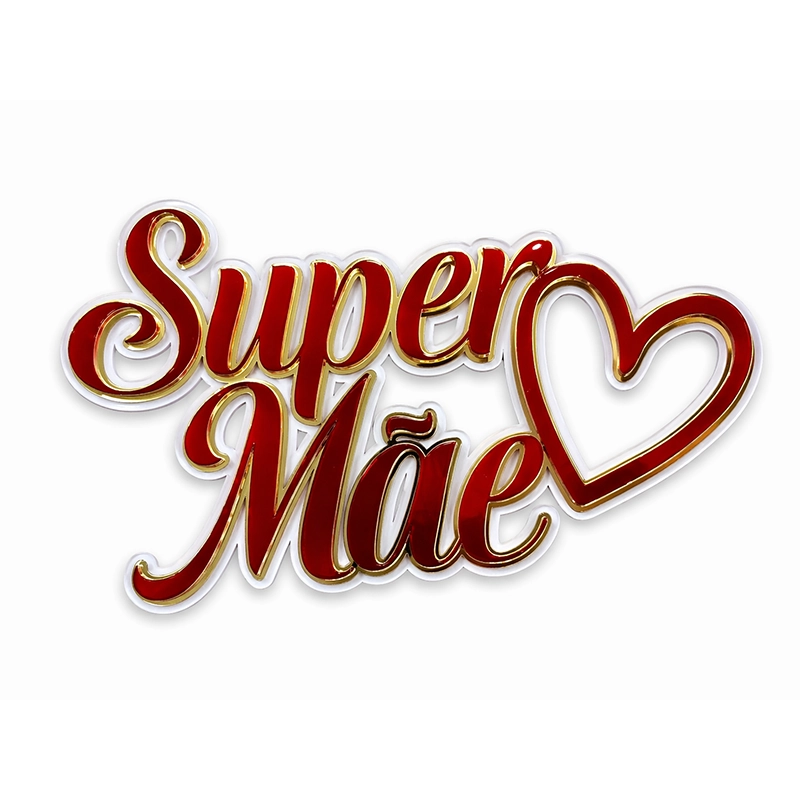 Topo de Bolo Super Mãe 3D Vermelho com Coração Dourado