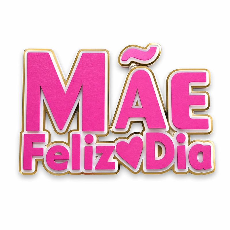 Topo de Bolo Mãe Feliz Dia 3D Rosa e Dourado com Coração