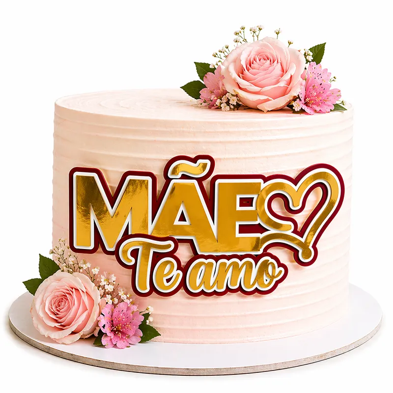 Topo de Bolo Mãe Te Amo 3D Dourado com Coração - Imagem 4