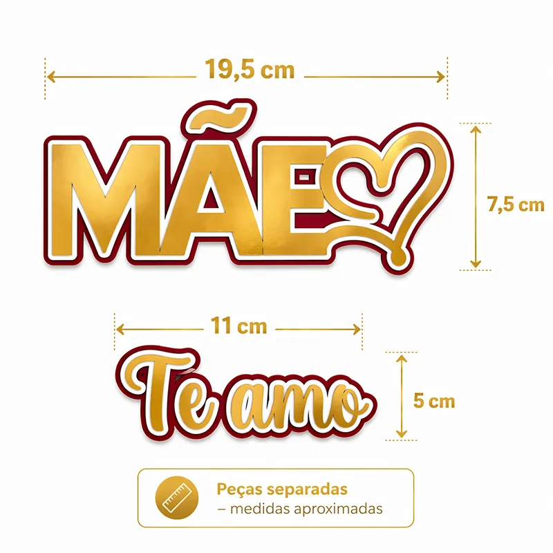 Topo de Bolo Mãe Te Amo 3D Dourado com Coração - Imagem 2
